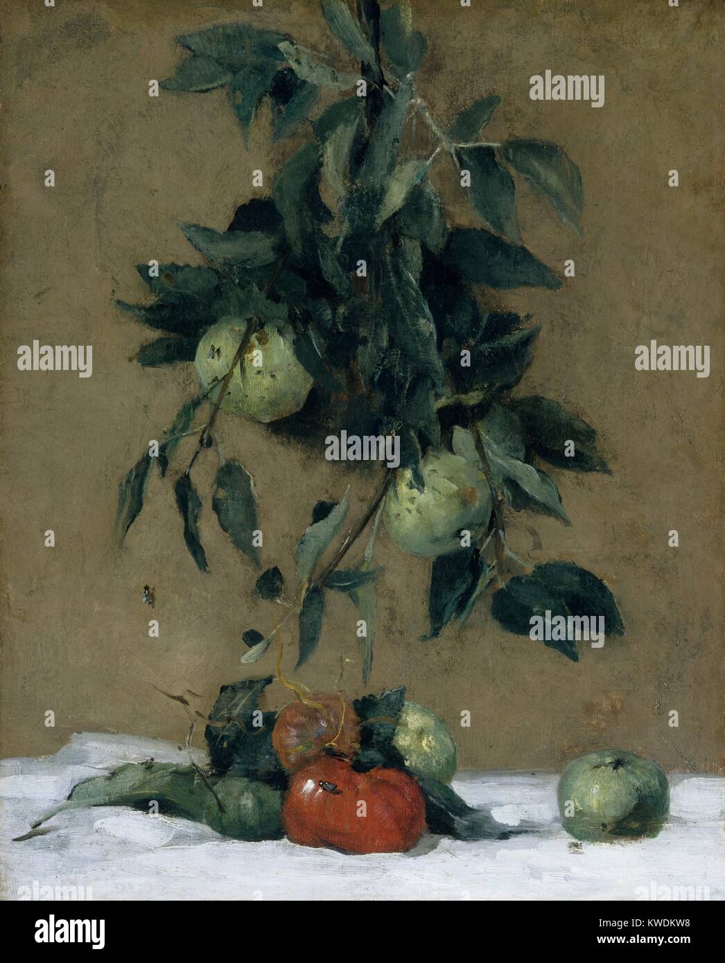Les fruits, par Julian Alden Weir, 1888, American peinture, huile sur toile. Cette vie toujours réaliste, vigoureusement peint avec le pinceau magistral, a un bijou comme tomate rouge parmi le vert pomme (BSLOC 2017 9 30) Banque D'Images