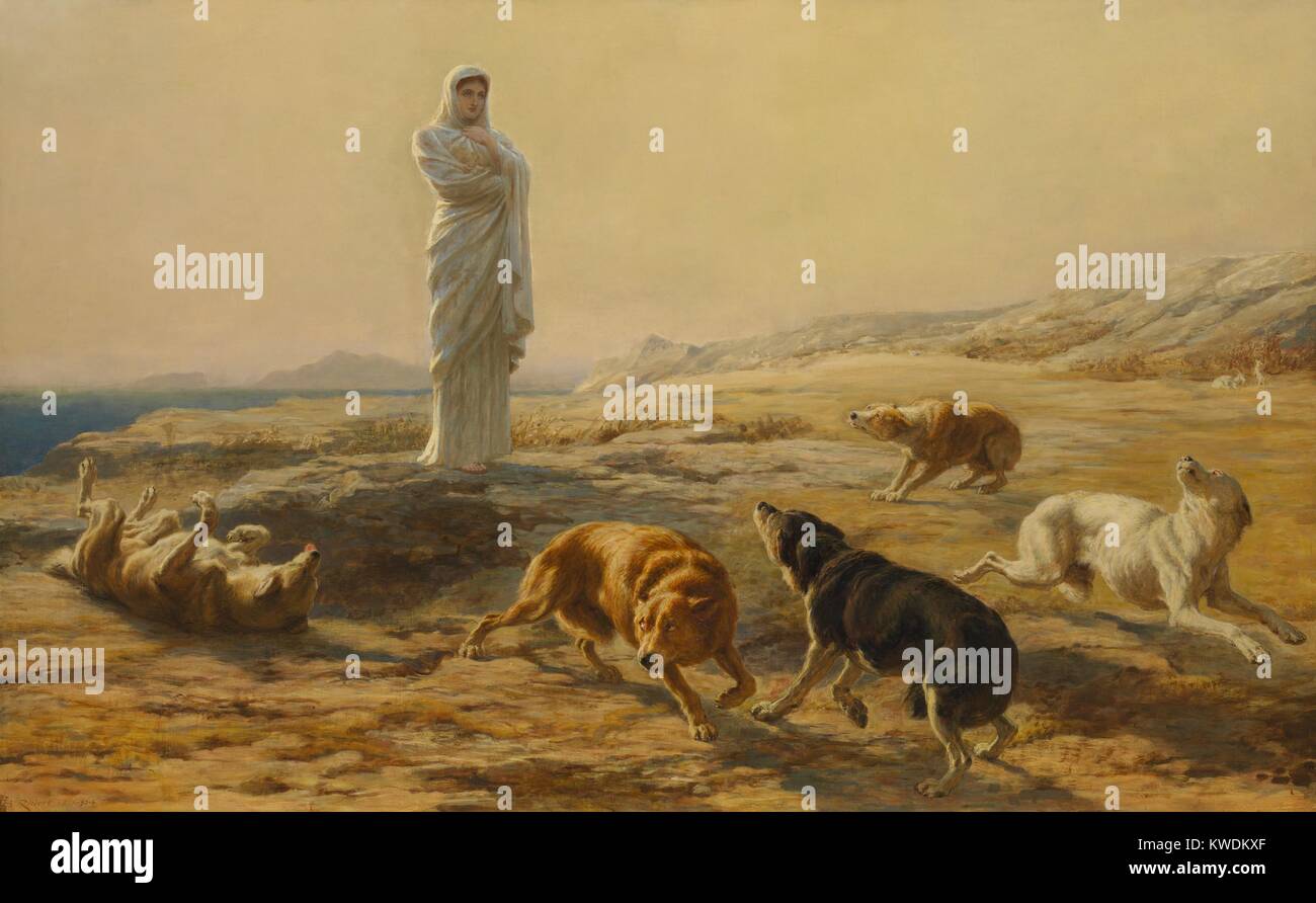 PALLAS ATHENA ET L'HERDSMANS LES CHIENS, par Briton Riviere, 1876, la peinture, huile sur toile. Riviere a été l'un des grands peintres du 19ème centurys animal. Souvent, les animaux, les chiens ont été les éléments clés pris en charge par genre contemporain, classique, et des thèmes bibliques (BSLOC 2017 9 53) Banque D'Images