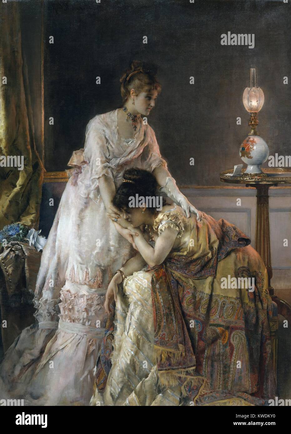 Après le bal, par Alfred Stevens, 1874, peinture belge, huile sur toile. Le titre alternatif de cette scène de consolation est la confiance. La scène se déroule non scientifiques avec les deux femmes élégantes réagissant à la lettre bouleversante sur la table (BSLOC 2017 9 62) Banque D'Images