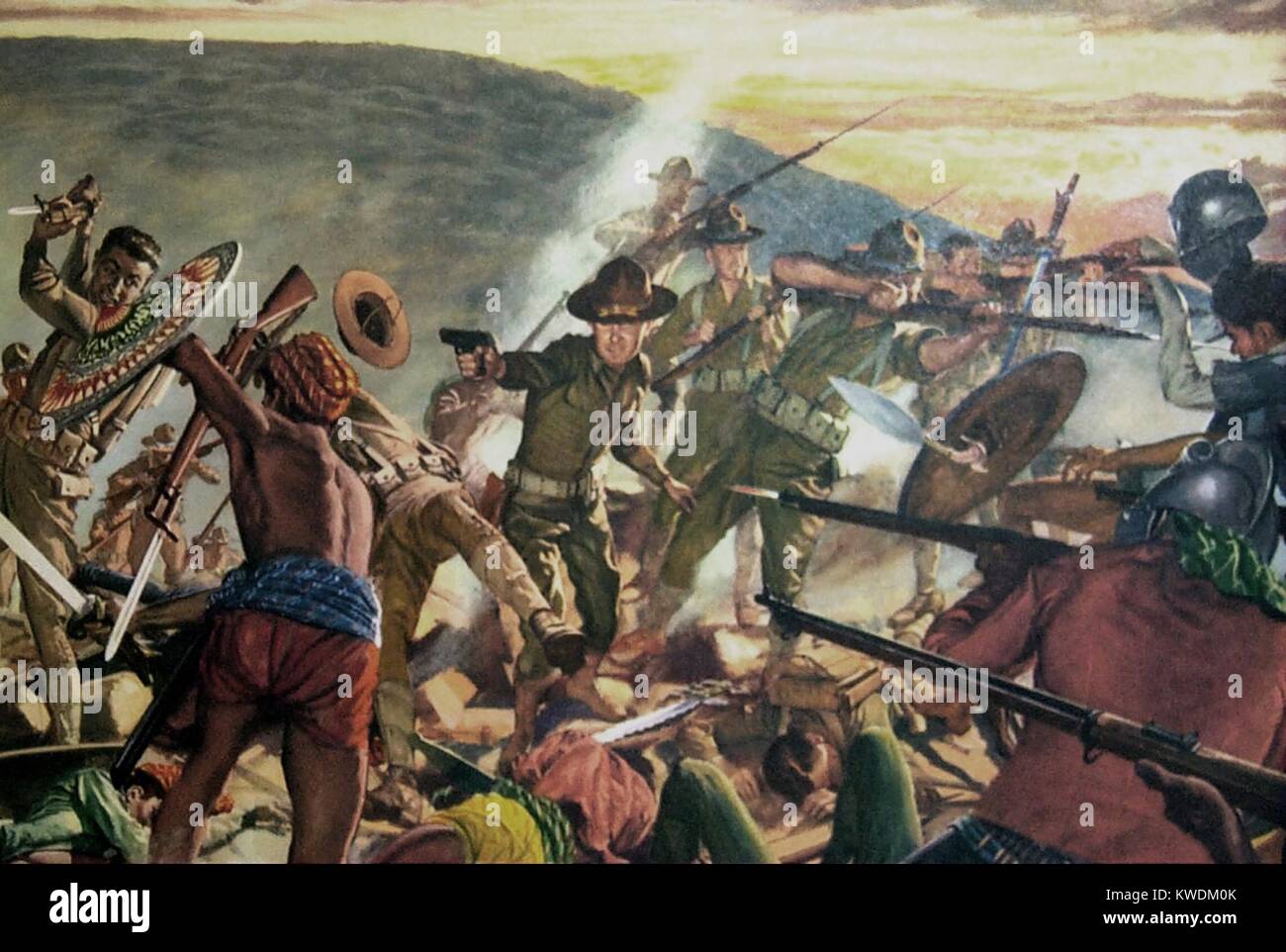 Bataille de Bagsak Mt., a eu lieu dans un cratère en forme de fer à cheval, 11-15 juin, 1913. C'était la dernière grande lutte dans la guerre Moro dans le sud des Philippines. Poster montre un soldat tirant la nouvelle armée américaine .pistolet de calibre 45, développé pour être un homme féroce contre la butée juramentados Moro. Peinture de H. Charles McBarron BSLOC (2017 10 100) Banque D'Images