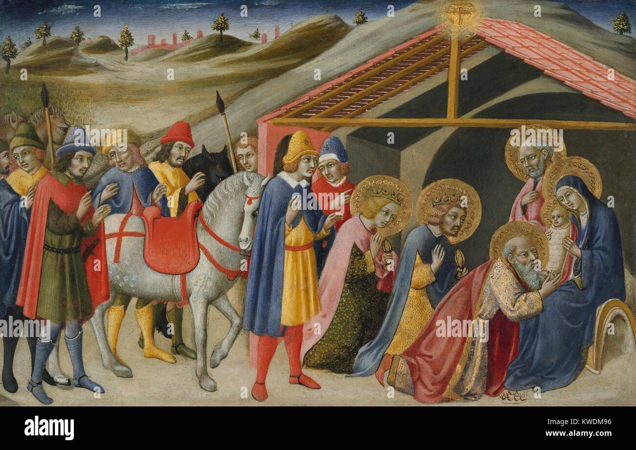 ADORATION DES MAGES, de Sano di Pietro, 1470, la peinture italienne de la Renaissance, tempera, or sur bois. Après la naissance de Jésus, la Bible décrit dans Matthieu 2:11, trois rois fait un pèlerinage à Jésus en suivant une étoile, lui apportant des cadeaux d'or, l'encens et de la myrrhe, et l'adoration de lui. Ce travail a été l'un des trois panneaux dans un retable, pour la Cathédrale de Massa Marittima, au sud de Sienne (BSLOC   2017 16 47) Banque D'Images