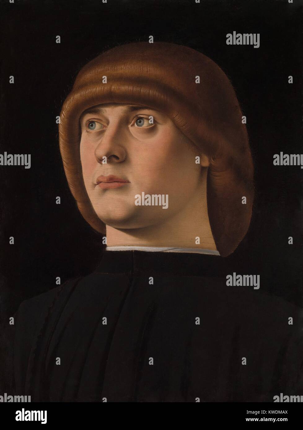 PORTRAIT D'UN JEUNE HOMME, par Jacometto, 1480, la peinture italienne de la Renaissance, huile sur bois. La coiffure distinctive, zazzera, était à la mode à Venise à la fin du 15e siècle (BSLOC___2017 16 78) Banque D'Images