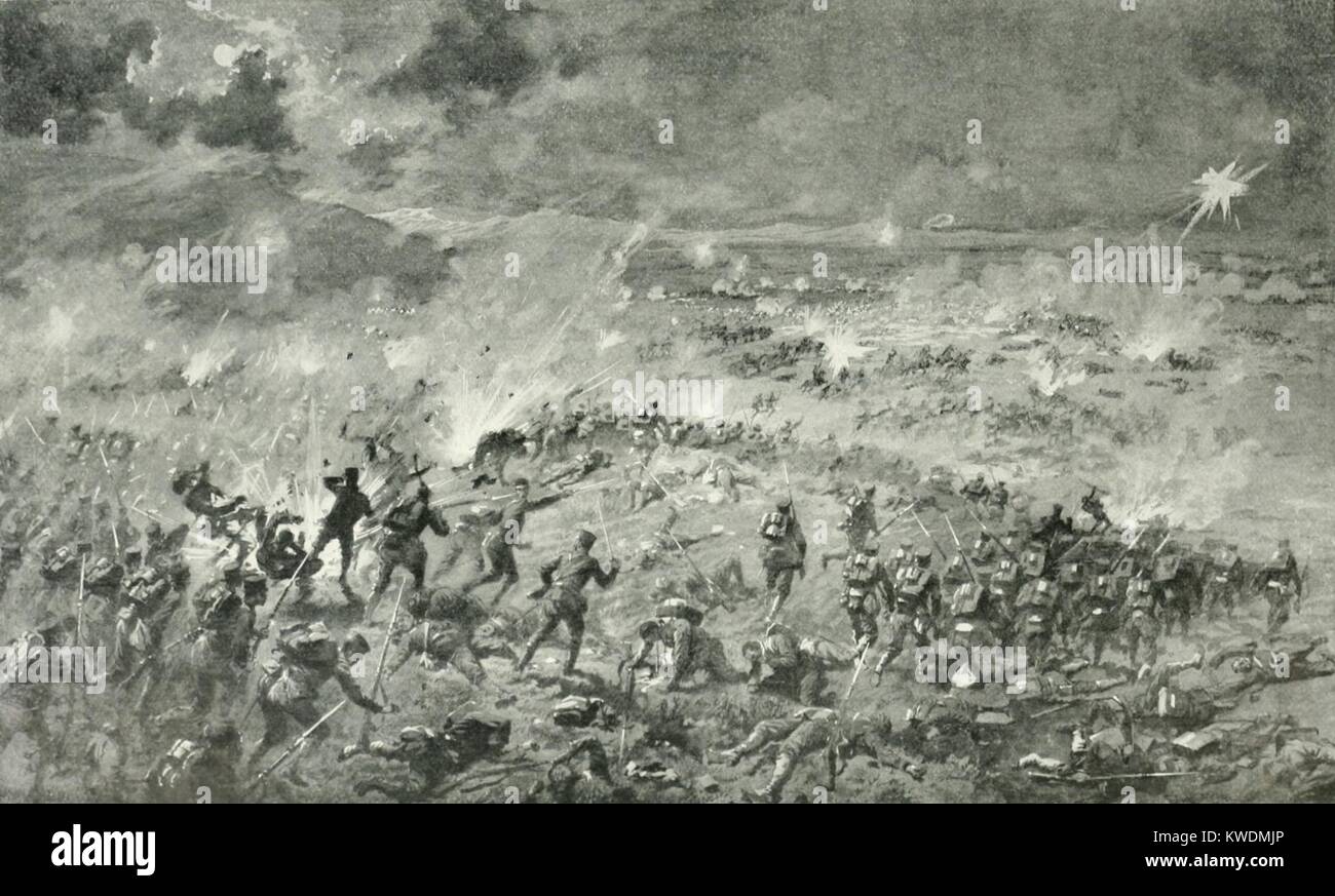 Bataille de Liaoyang, une importante bataille terrestre de la guerre russo-japonaise, a commencé le 27 août 1904. Les soldats japonais sont indiqués dans les rangs russes les obligeant à se replier vers Moukden. Les deux côtés ont subi de lourdes pertes dans les combats autour de nuit féroce les pentes d'une montagne appelée Peikou, qui est tombé à l'BSLOC 2017 Japonais (  18 110) Banque D'Images