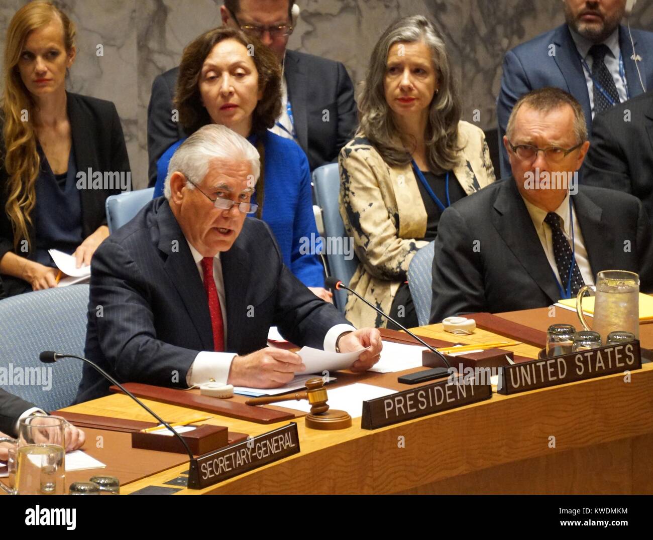 Sec. d'État Rex Tillerson préside une réunion du Conseil de sécurité des Nations Unies sur la dénucléarisation de la Corée du Nord, le 28 avril 2017 (BSLOC   2017 18 130) Banque D'Images