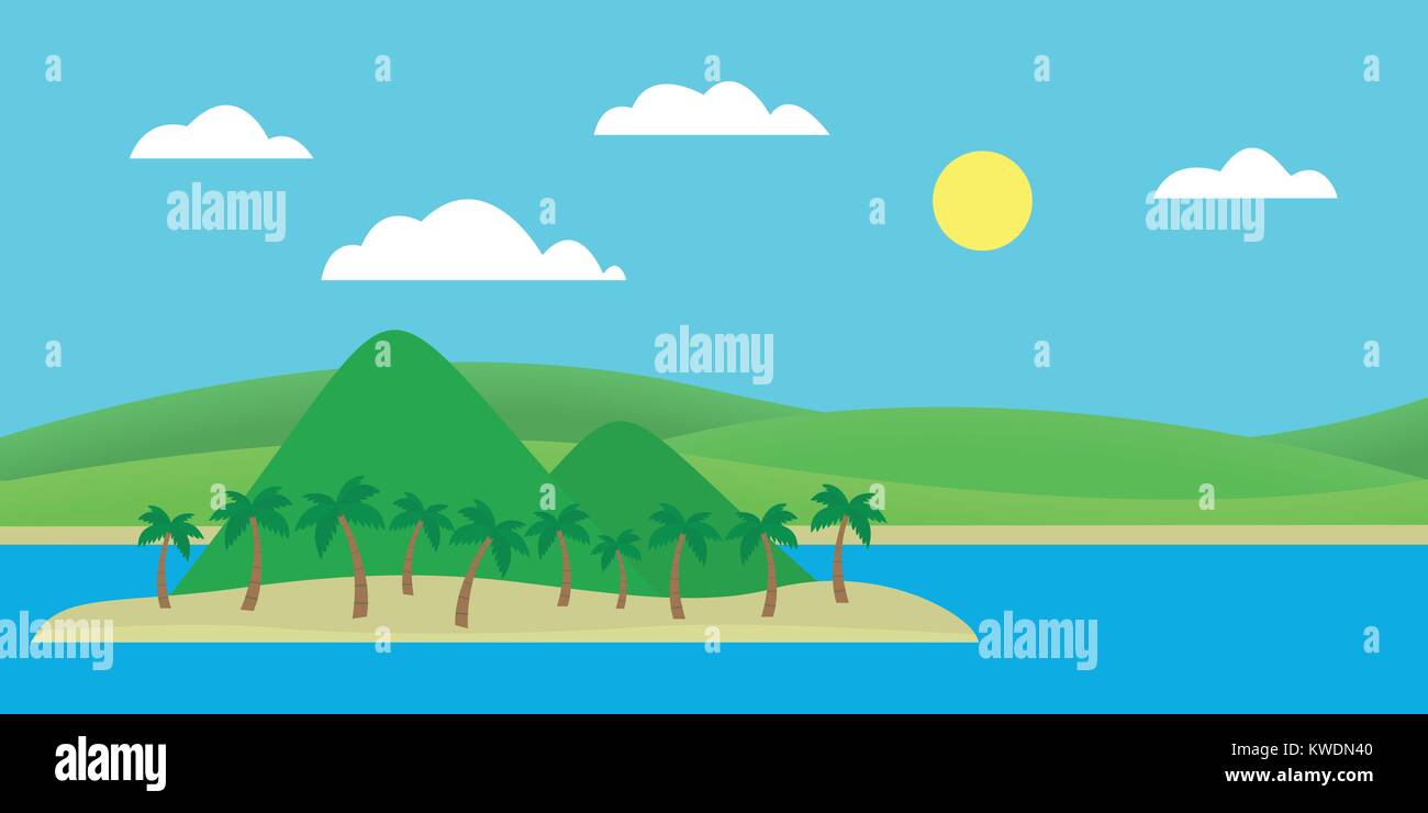 Île tropicale dans la mer avec plage de sable et de palmiers sous ciel bleu avec des nuages et soleil - vecteur, modèle plat Illustration de Vecteur