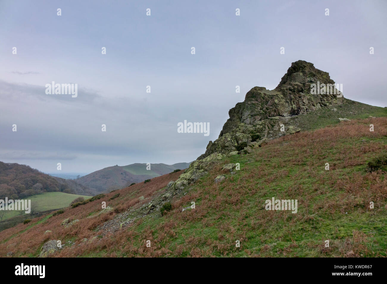 Hope Bowdler Hill, Gaer Pierre, Gaerstones, Shropshire Hills, en Angleterre, Royaume-Uni Banque D'Images