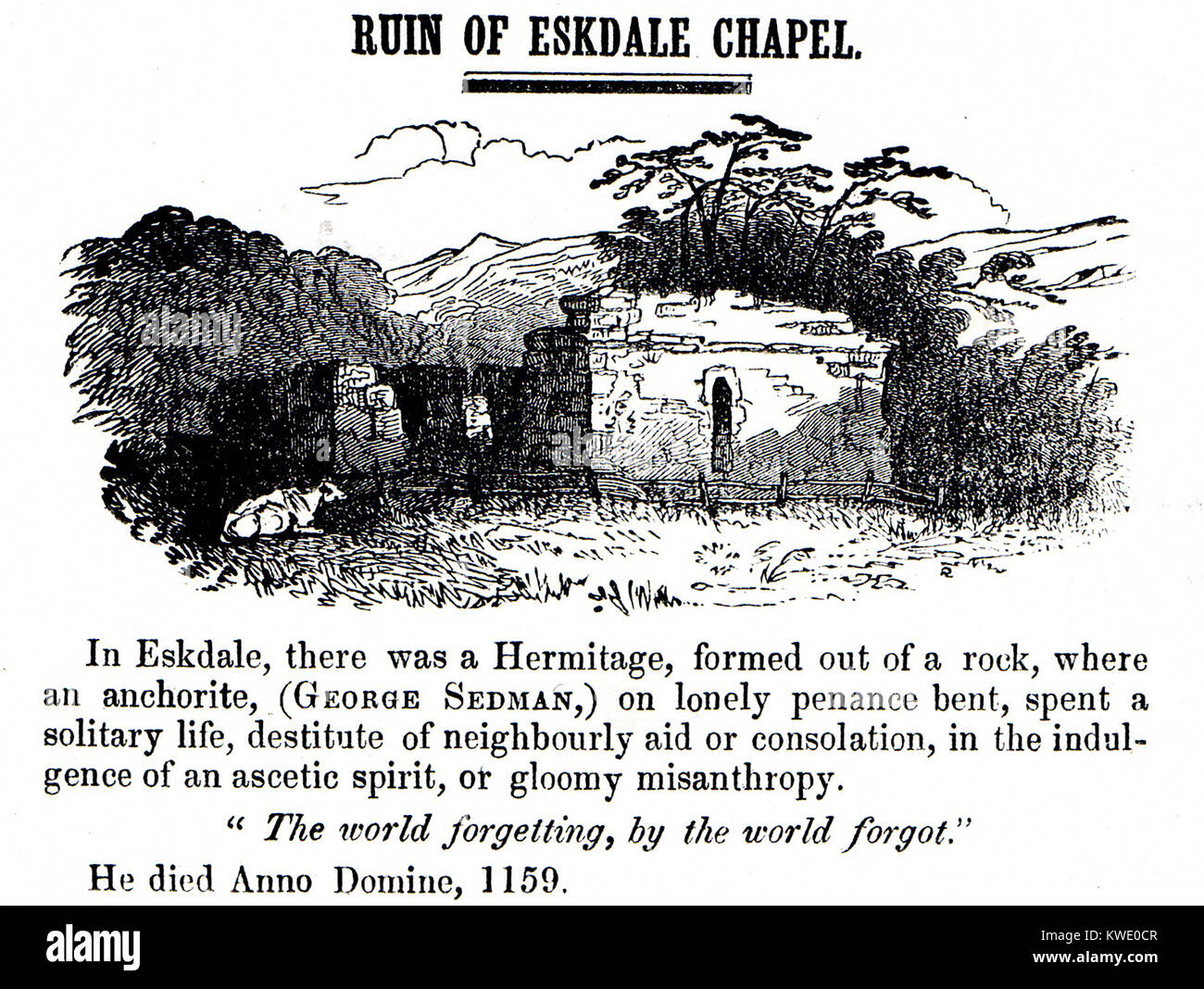 Eskdale Chapelle Ermitage, dans Eskdale entre Tours et Aislaby, villages. Whitby, North Yorkshire, Angleterre. d'une ancienne gravure imprimée - Lié par certains pour le Whitby Horngarth ou Penny cérémonie annuelle de couverture (via Caedmon - Cedman - Sedman nom) et l'abbaye de Whitby - à partir d'une gravure de l'époque victorienne Banque D'Images