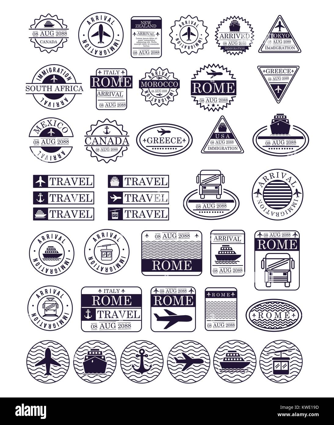 Timbres de voyage mis en bleu foncé silhouette Illustration de Vecteur