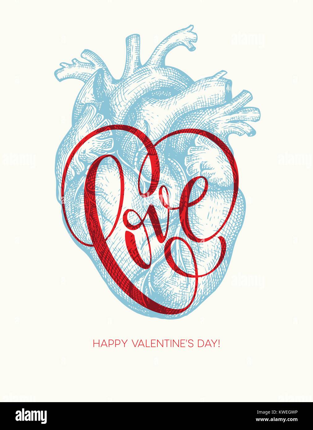 Carte Saint Valentin avec coeur de l'homme et l'amour le lettrage. Vector illustration Illustration de Vecteur