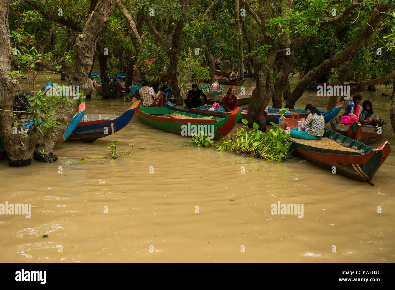 Les femmes cambodgiennes clients en attente et les touristes d'aller sur un bateau voyage de canoë parmi les arbres flottant noyé inondées forêt de Kampong Phluk,Siem Reap Banque D'Images