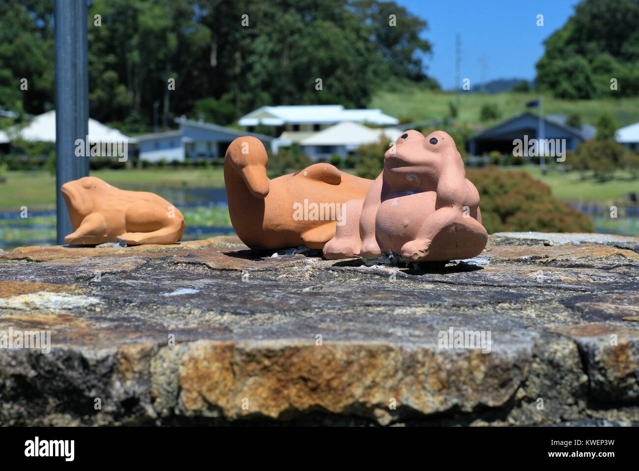 Statues de jardin de grenouille et duck utilisé pour décoration de jardin. Banque D'Images