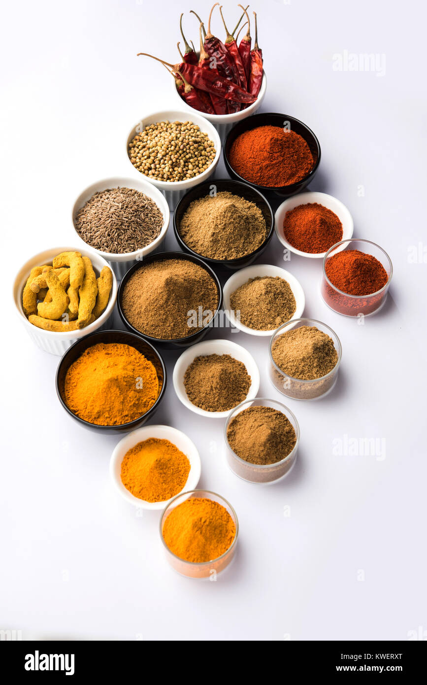 Épices colorés indiens. Photo de groupe des quatre épices indiennes comme les matières de base de piment rouge, le curcuma, la coriandre et le cumin en poudre. selective focus Banque D'Images