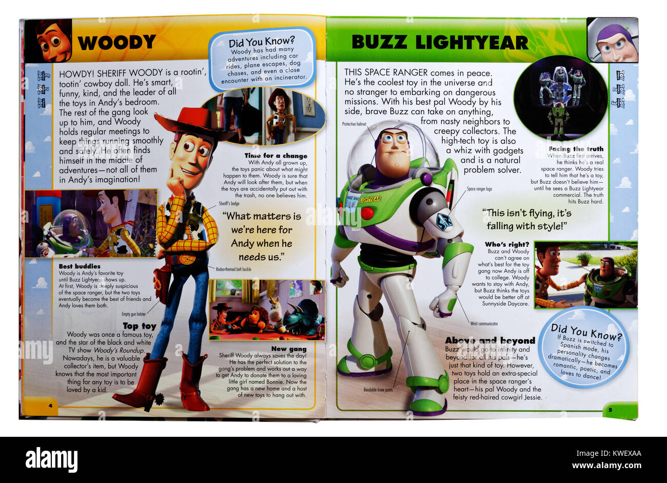 Personnages Pixar Woody et Buzz l'éclair du film Toy Story de Pixar dans un guide des personnages Banque D'Images