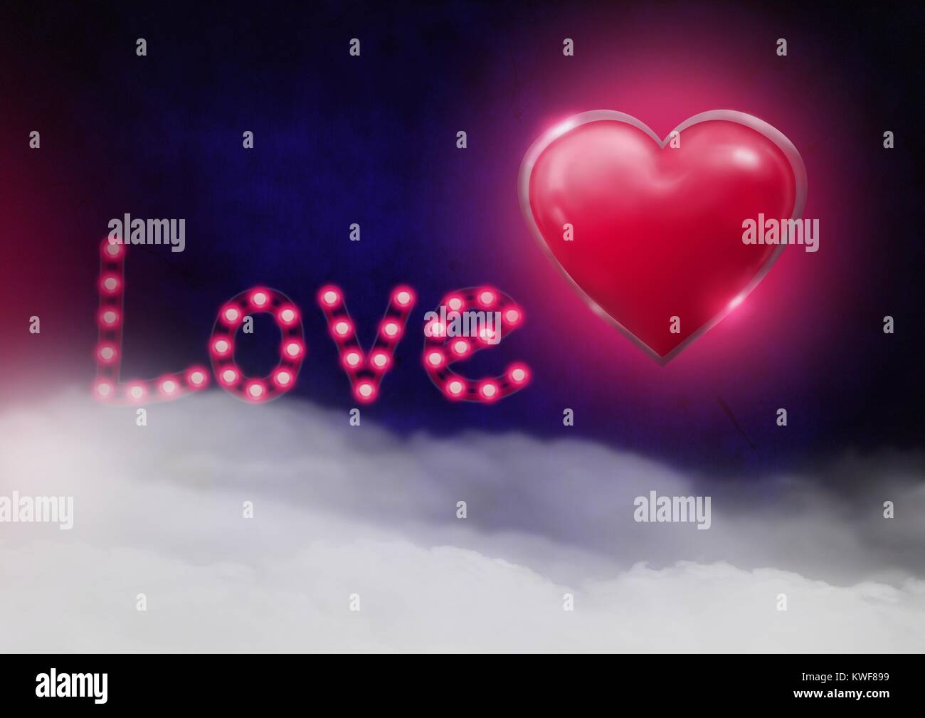 Motif coeur brillant avec texte d'amour et brouillard Banque D'Images