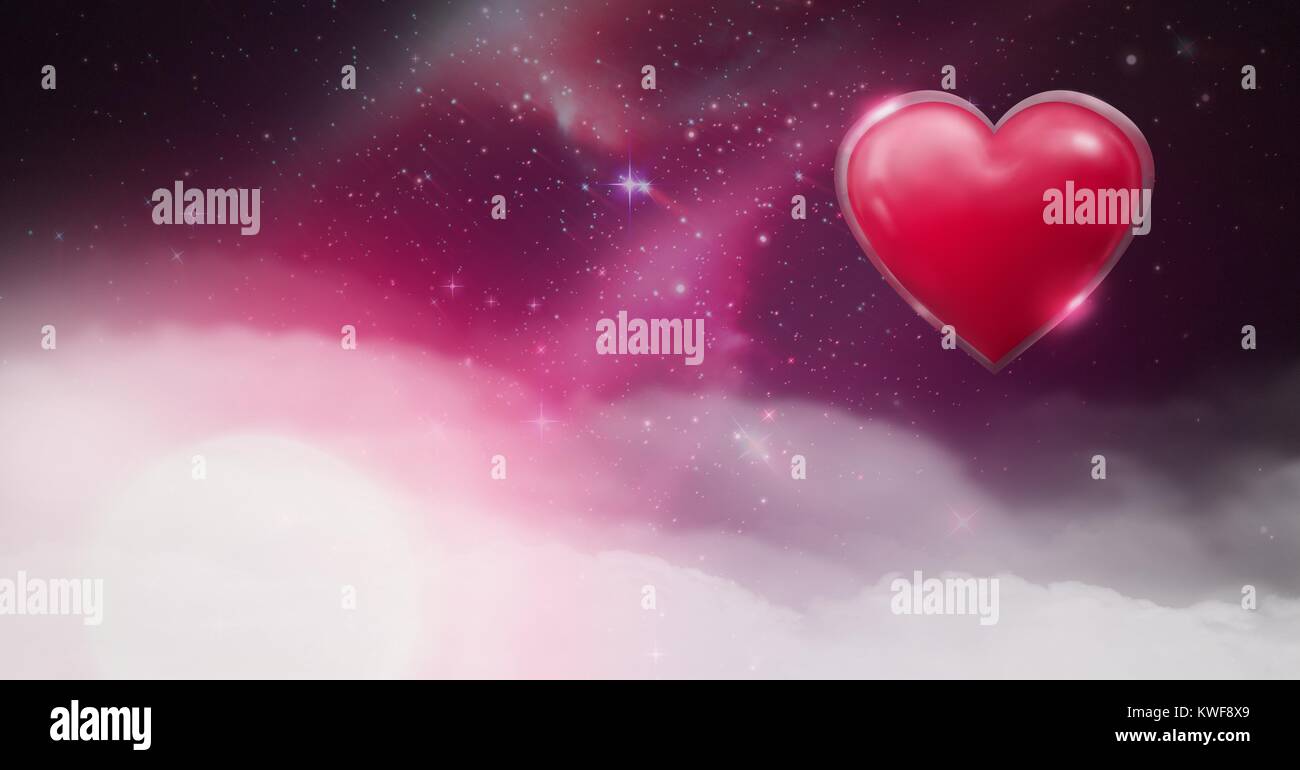 Cœur brillant illuminant avec un arrière-plan mauves de l'univers spatial Banque D'Images