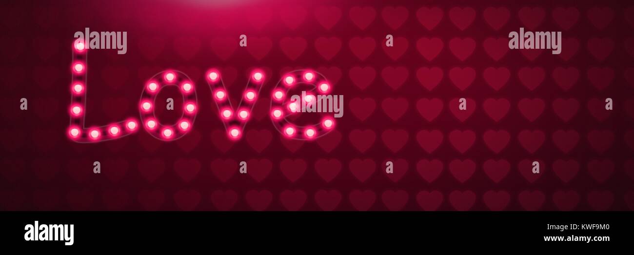 Adorez les ampoules fluo à texte lumineux et le motif en forme de coeur Banque D'Images