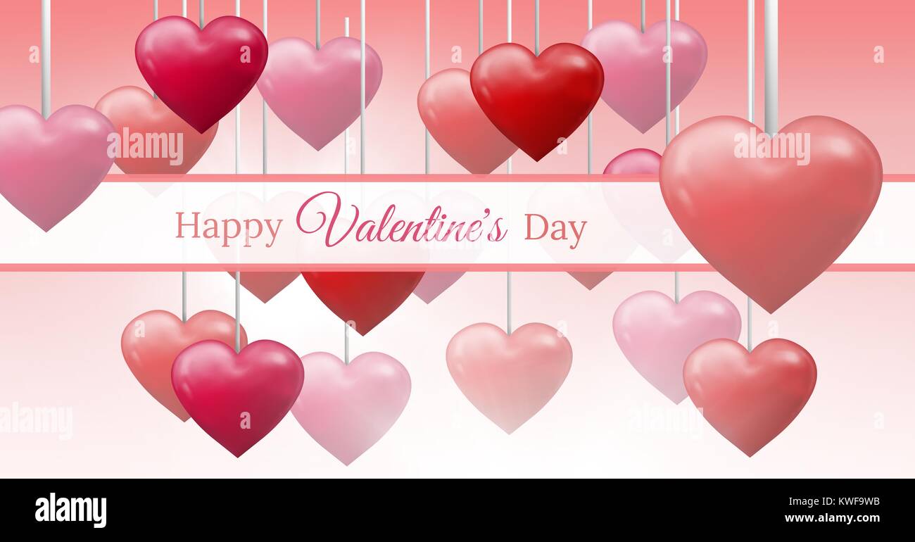 Joyeux texte de la Saint-Valentin et coeurs pétillantes de Saint-Valentin accrochés chaîne avec zone vide Banque D'Images