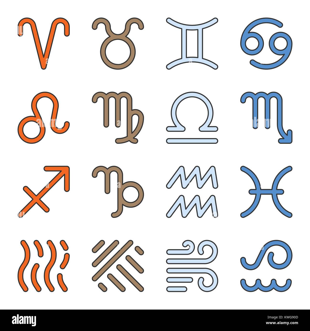 Douze signes zodiaque et quatre éléments eau, feu, terre, air fine ligne icon set. Symbole linéaire Vector Pack contours sign couleur de remplissage. Avc. modifiable Illustration de Vecteur