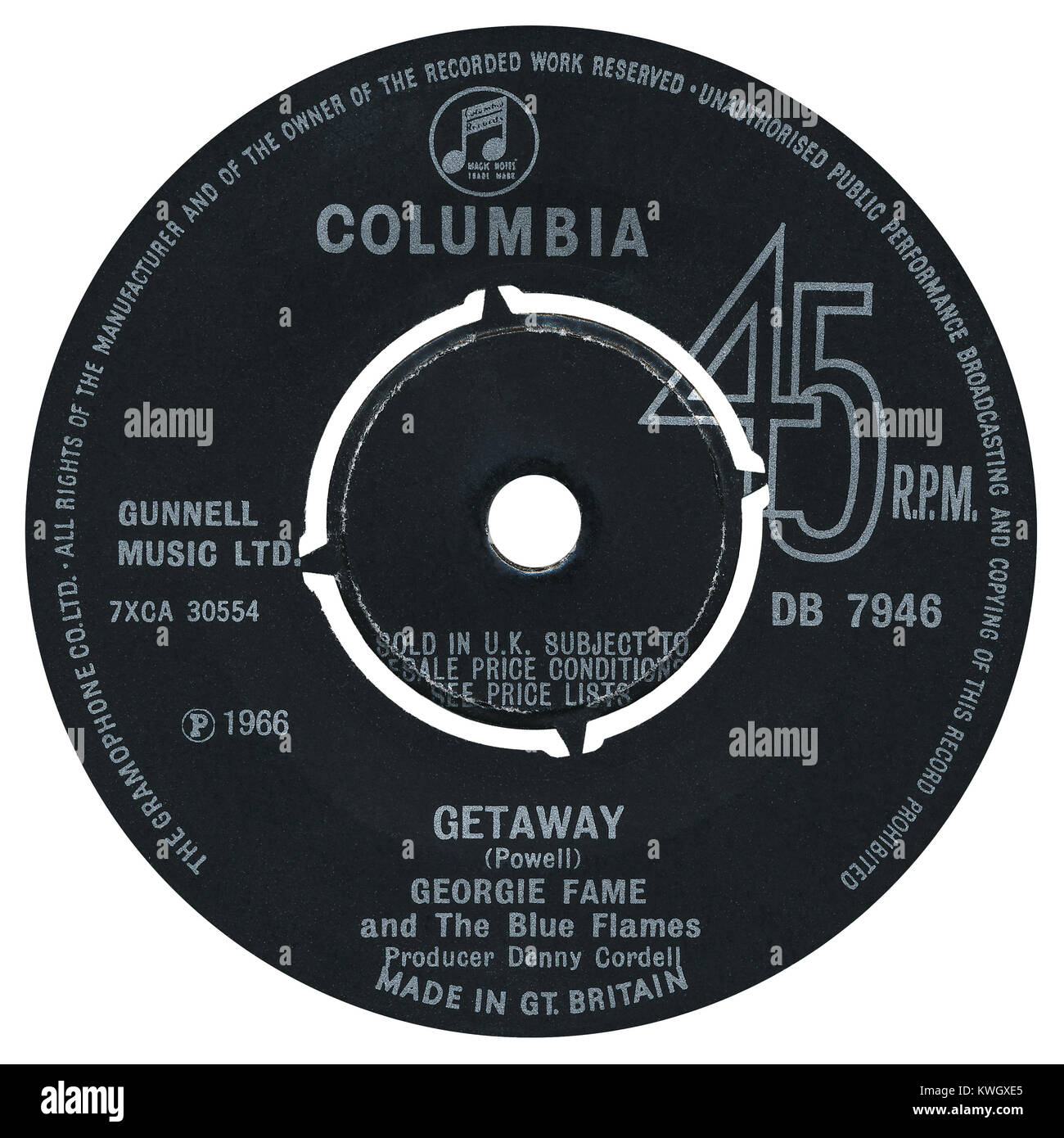 45 TR/MIN 7' UK record label escapade de par la renommée de Georgie et les flammes bleues. Écrit par Georgie Fame comme Clive Powell et produit par Denny Cordell. Publié en juin 1966 sur le label Columbia. Banque D'Images