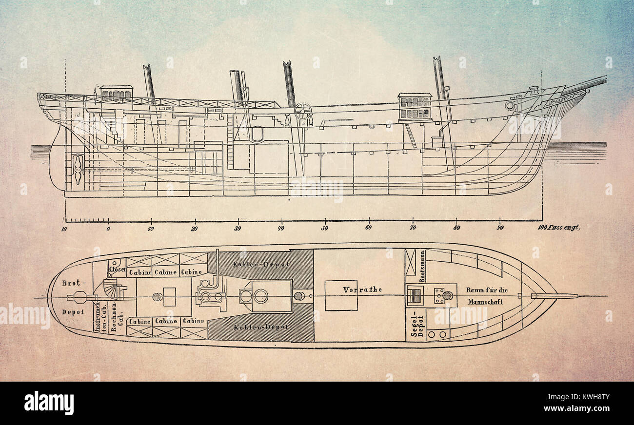 Les plans de construction du navire trois-mâts goélette austro-hongrois Tegetthoff pour l'expédition au pôle Nord en l'an 1872 Banque D'Images