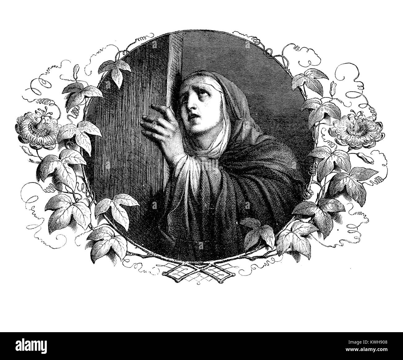 Sainte Vierge Marie prière à la croix, gravure d'époque Banque D'Images