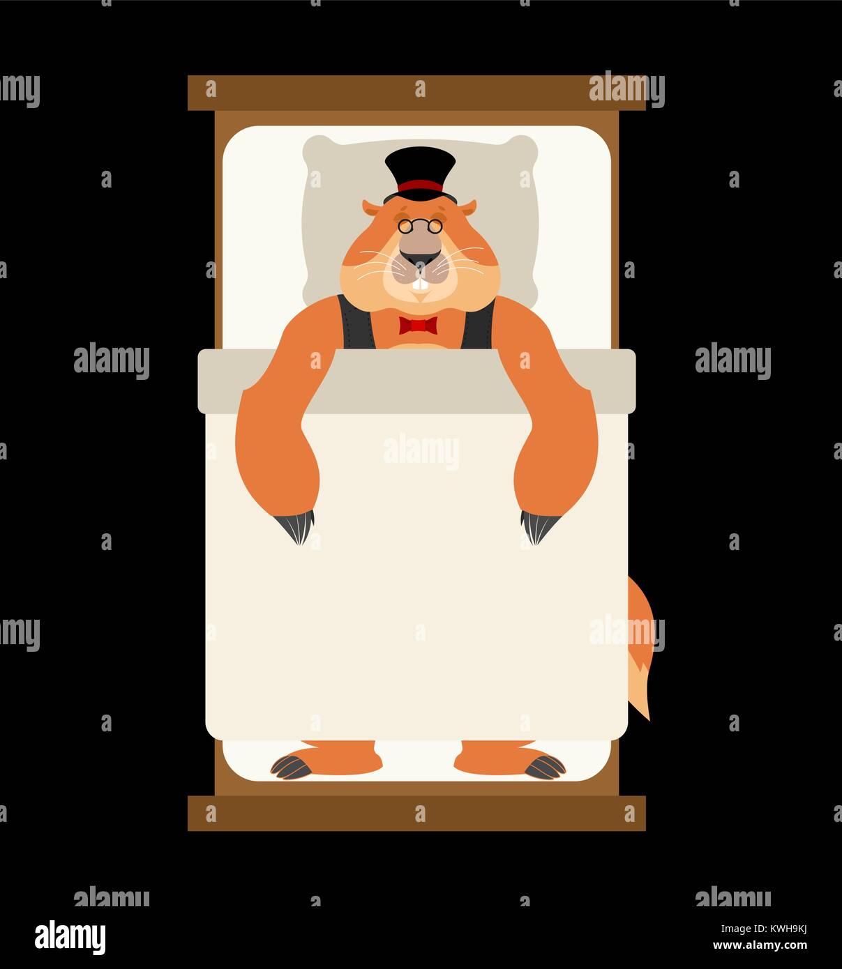 Le jour de la marmotte. Marmotte en Hat sleeping on bed. Marmotte d'endormi. Marmot en déshérence. Vector illustration Illustration de Vecteur