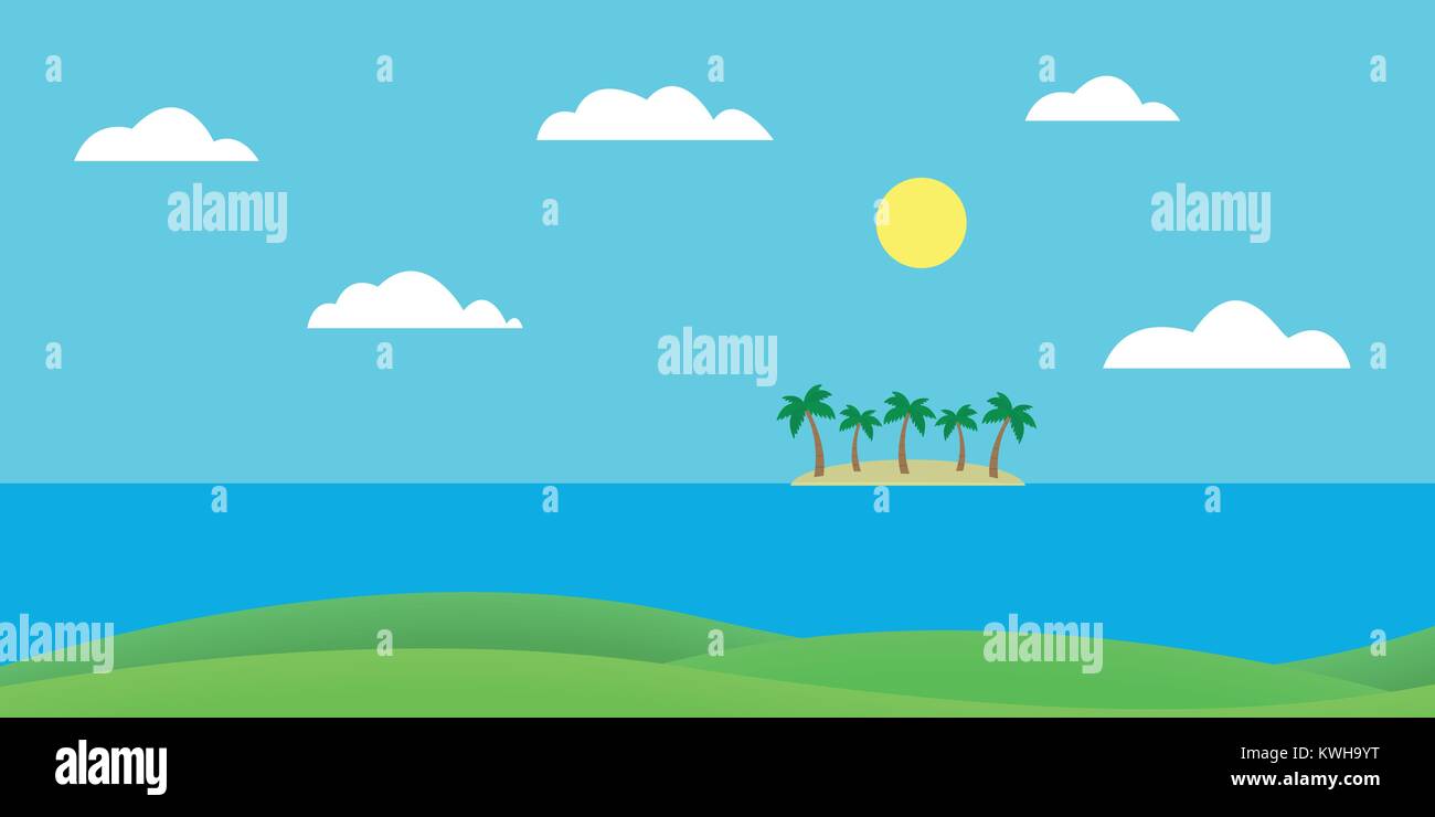 Île tropicale dans la mer avec plage de sable et de palmiers sous ciel bleu avec des nuages et soleil - vecteur, modèle plat Illustration de Vecteur