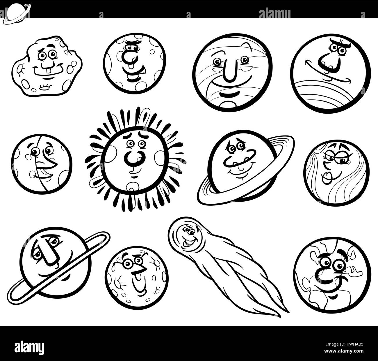 Cartoon noir et blanc Illustration d'Orbes drôles et les planètes du système solaire de personnages de bande dessinée Espace Coloring Book Illustration de Vecteur
