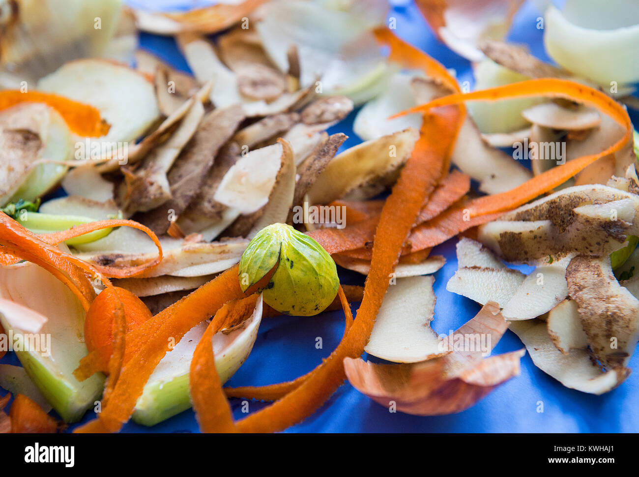 Pelures de légumes sont indiqués sur fond bleu Banque D'Images