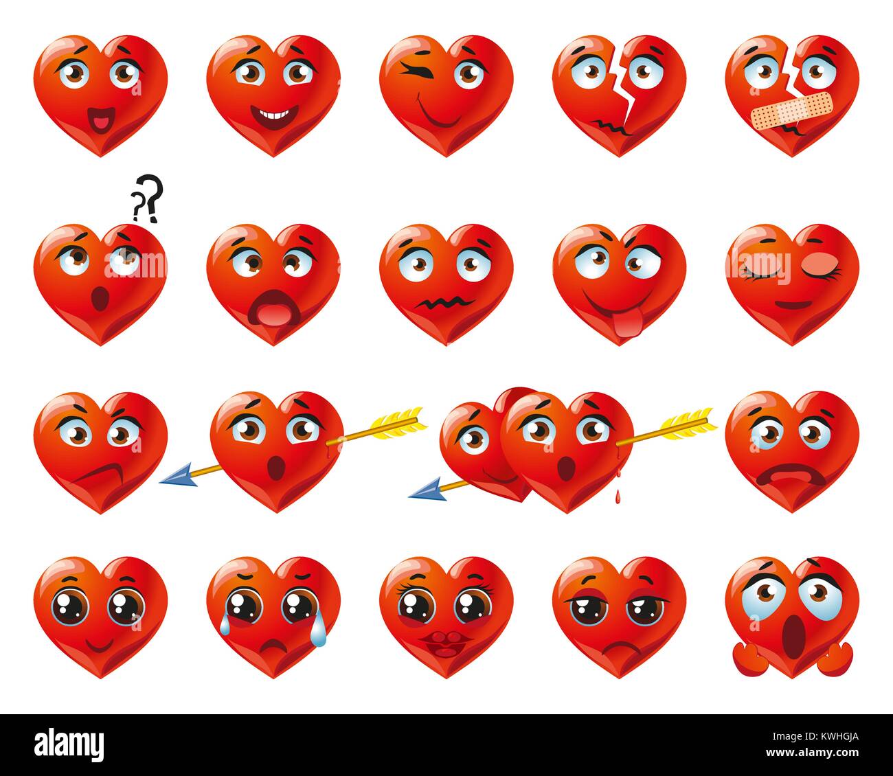 Coeur rouge set icônes emoji, variation de l'émotion, Illustration de Vecteur