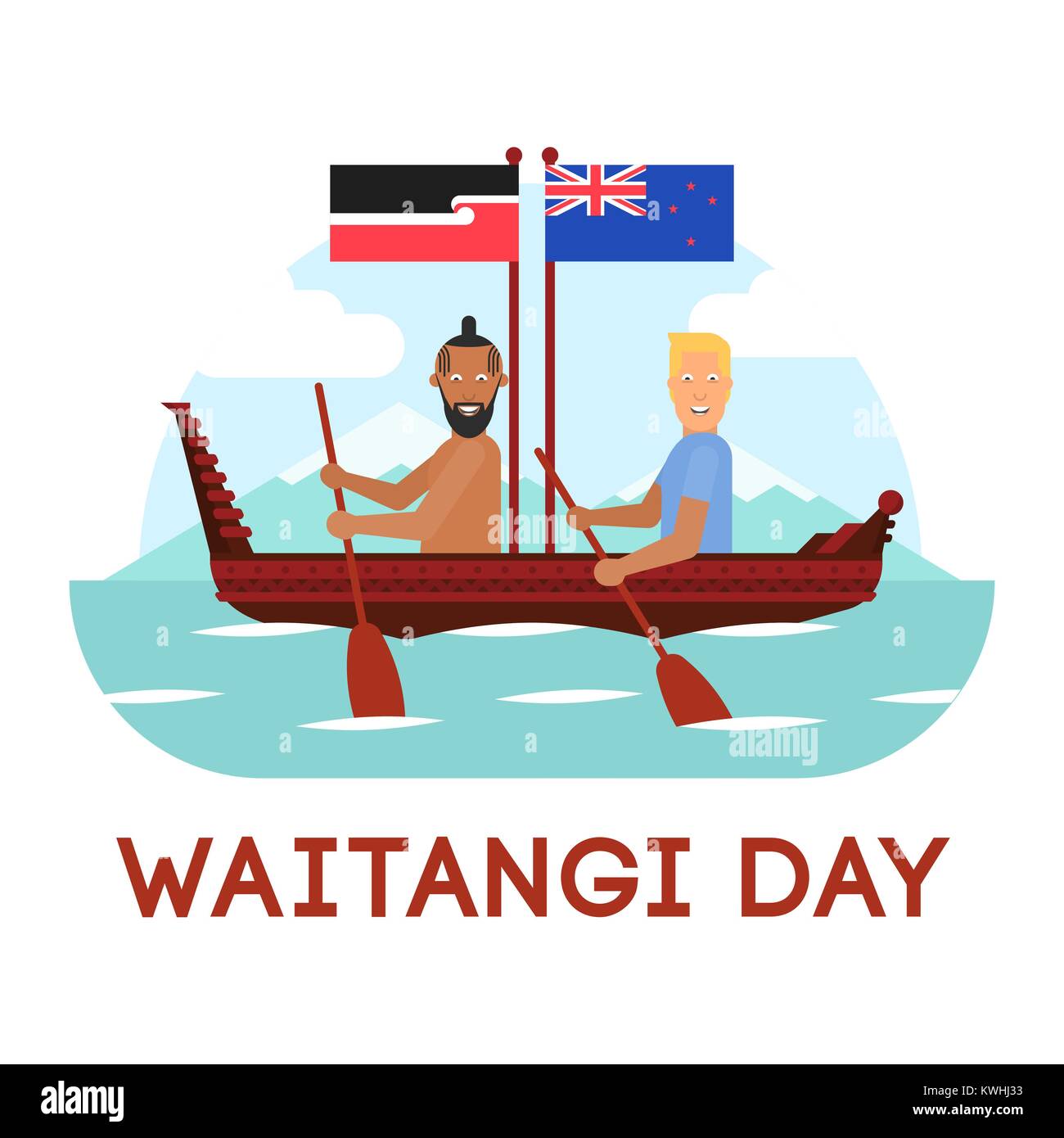 De l'illustration de la Nouvelle-Zélande et les Maoris autochtones habitant l'homme britannique sont dans le bateau à la rame et les drapeaux sur fond blanc avec lettrage. Nouvelle Zélande Illustration de Vecteur