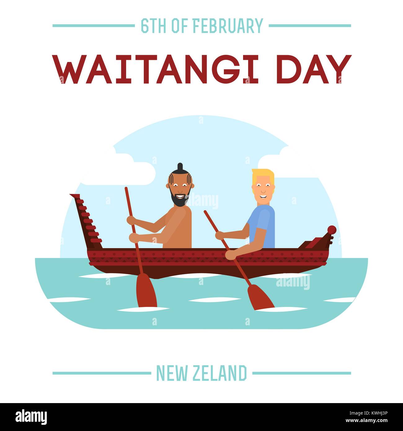 De l'illustration de la Nouvelle-Zélande et les Maoris autochtones habitant l'homme britannique sont dans le bateau à la rame et les drapeaux sur fond blanc avec lettrage. Nouvelle Zélande Illustration de Vecteur