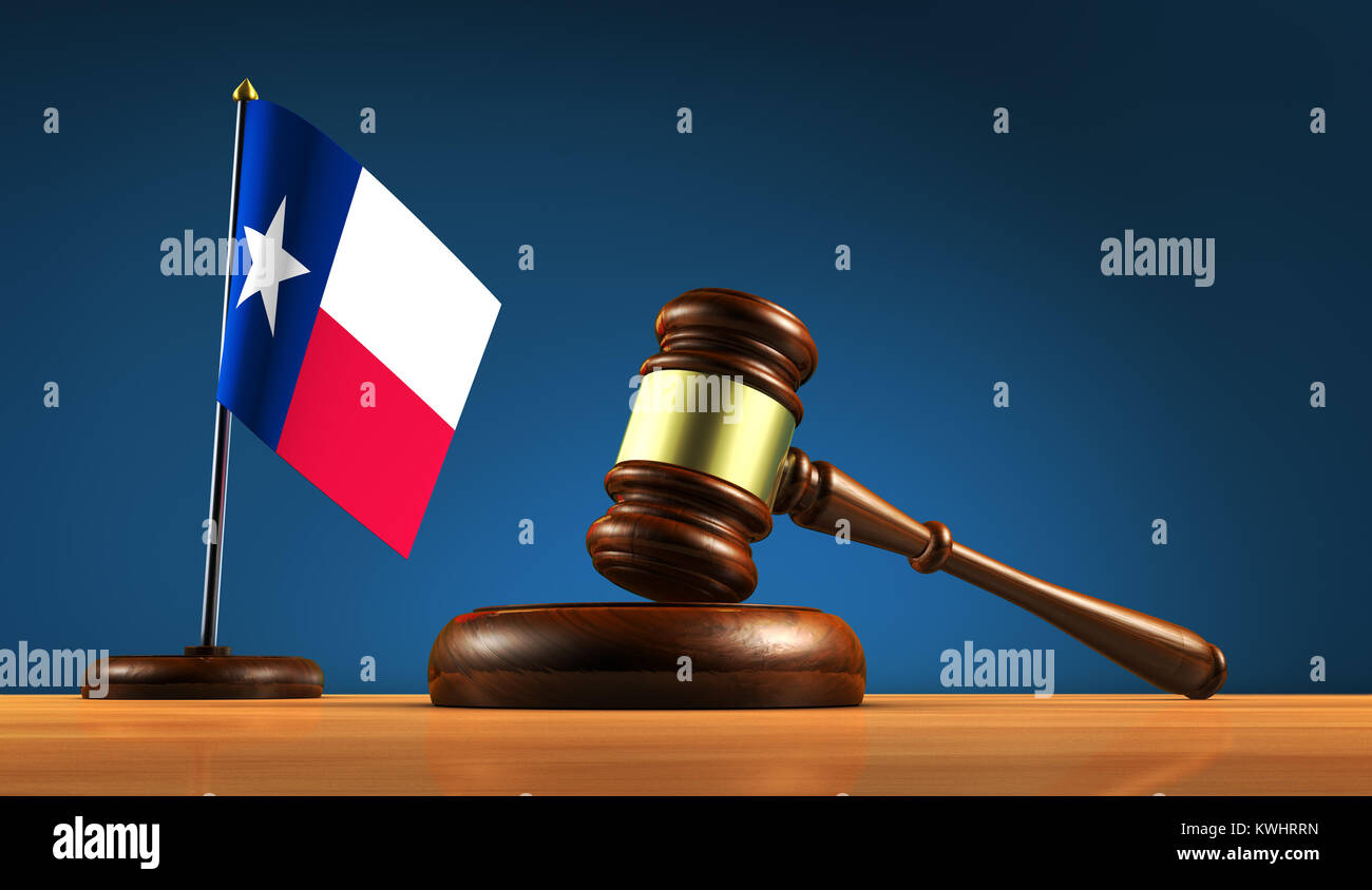 La loi de l'état du Texas, le système juridique et la justice concept avec un marteau et le texan 24 flag 3D illustration. Banque D'Images