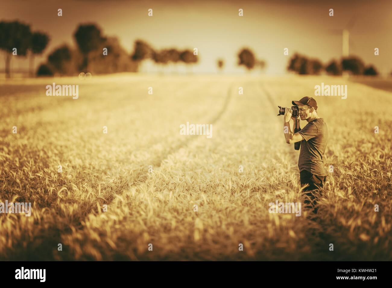 Photographe principal de la nature Prendre des photos dans le domaine. La photographie en plein air. Homme de race blanche dans son 60s avec un appareil photo numérique. Banque D'Images