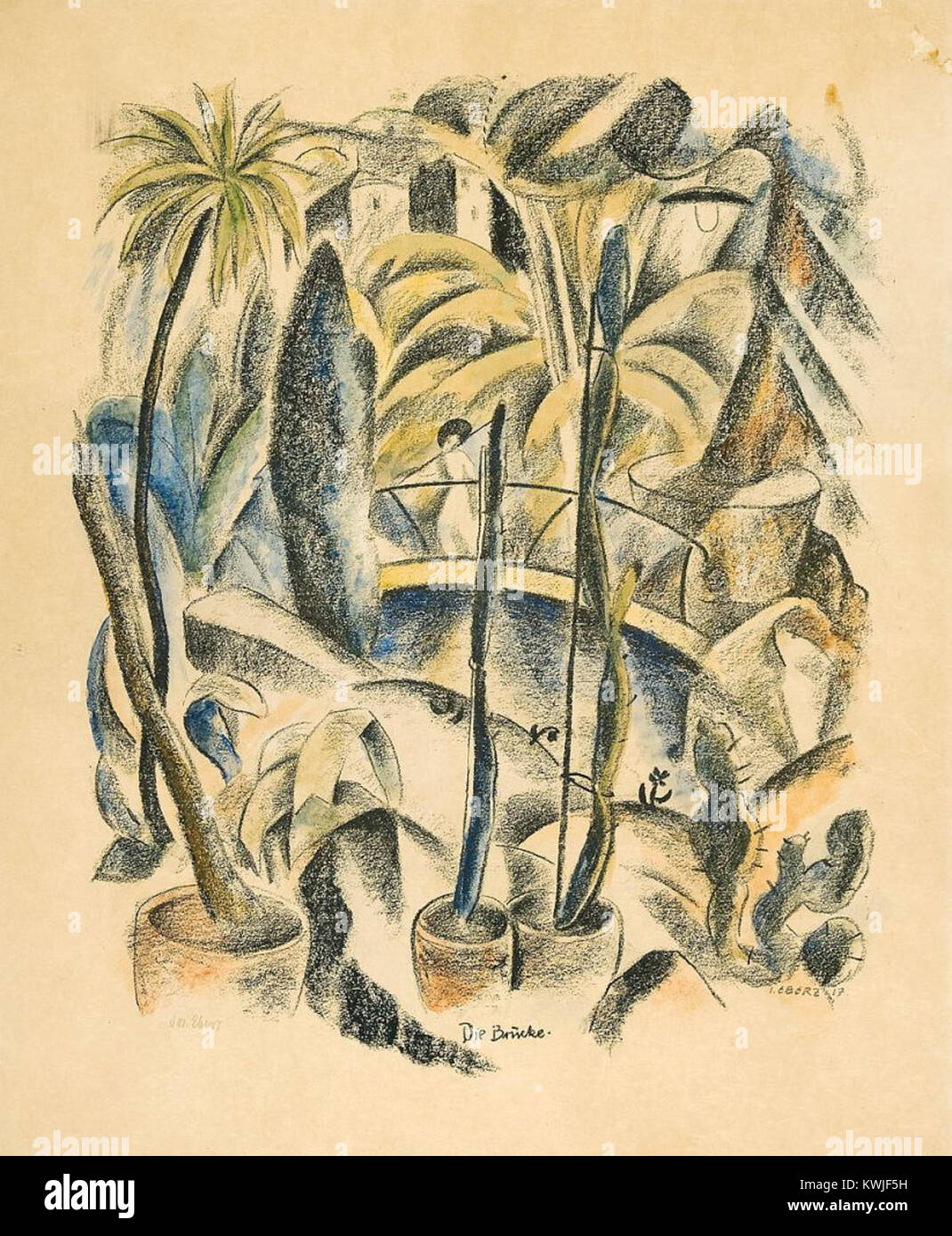 « Die Brücke » de Josef Eberz, créé en 1917, est une œuvre clé de l'expressionnisme allemand. La peinture dépeint l'intensité émotionnelle de l'époque, en utilisant des couleurs vives et des formes abstraites pour refléter les troubles sociétaux et la lutte individuelle. Banque D'Images