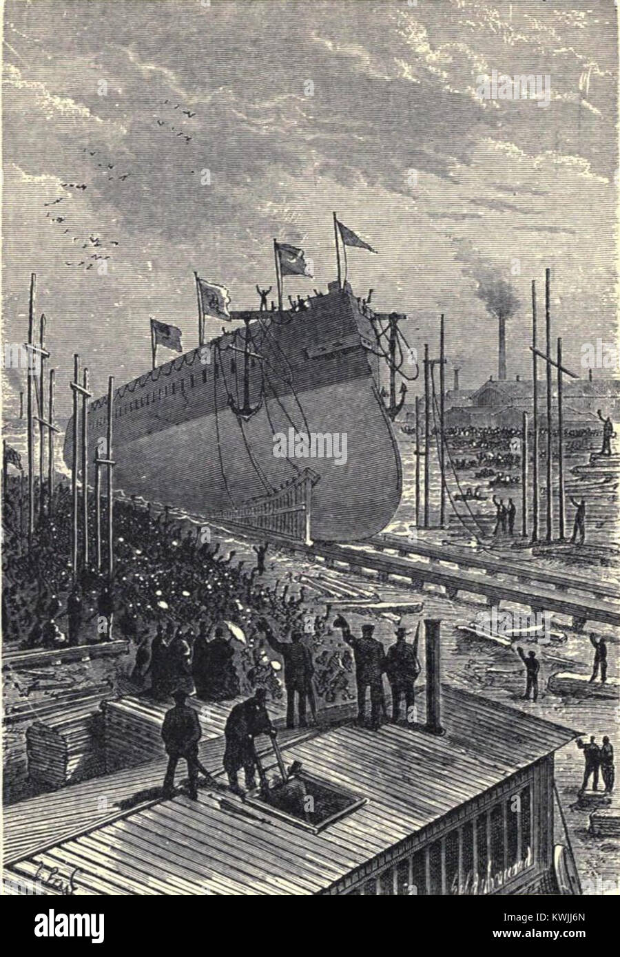 Cette illustration de Jules Férat, intitulée les forceurs de blocus, représente une action navale impliquant un navire de blocus perçant un blocus naval, montrant un navire, la mer et des marins en pleine action. Banque D'Images