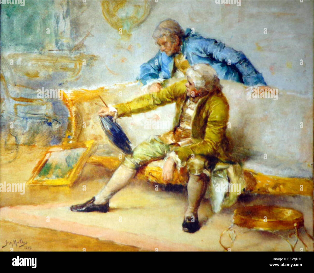 La peinture de José Malhoa 'SEM título' (sans titre) met en valeur son style caractérisé par une utilisation vibrante des couleurs et une intensité émotionnelle. Artiste portugais remarquable, les œuvres de Malhoa explorent souvent des sujets humains et des scènes intimes avec une approche expressive. Banque D'Images