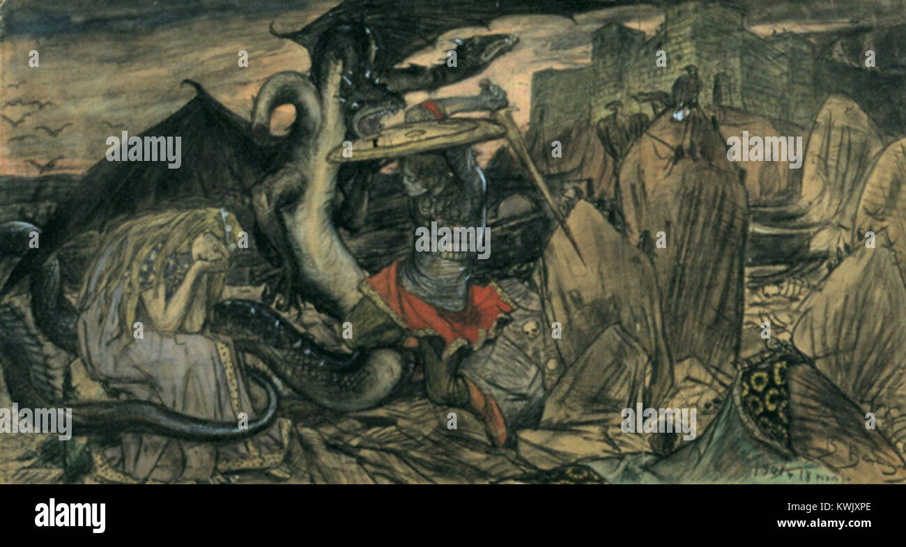 Ce croquis de Viktor Vasnetsov, intitulé 'Zmey Gorynich', représente une scène du folklore russe. Zmey Gorynich est un dragon mythique, et le travail de Vasnetsov est connu pour donner vie aux contes de fées russes. Banque D'Images