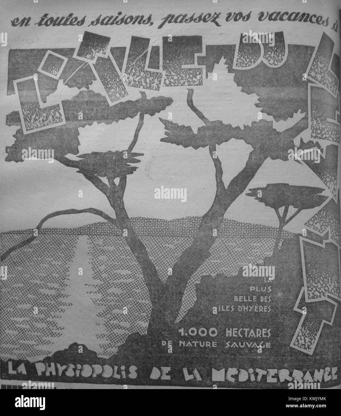 Une publicité vintage promouvant Héliopolis sur l’Île du Levant, en France, connue pour sa beauté naturelle et comme site associé au naturisme et au tourisme au XXe siècle. Banque D'Images