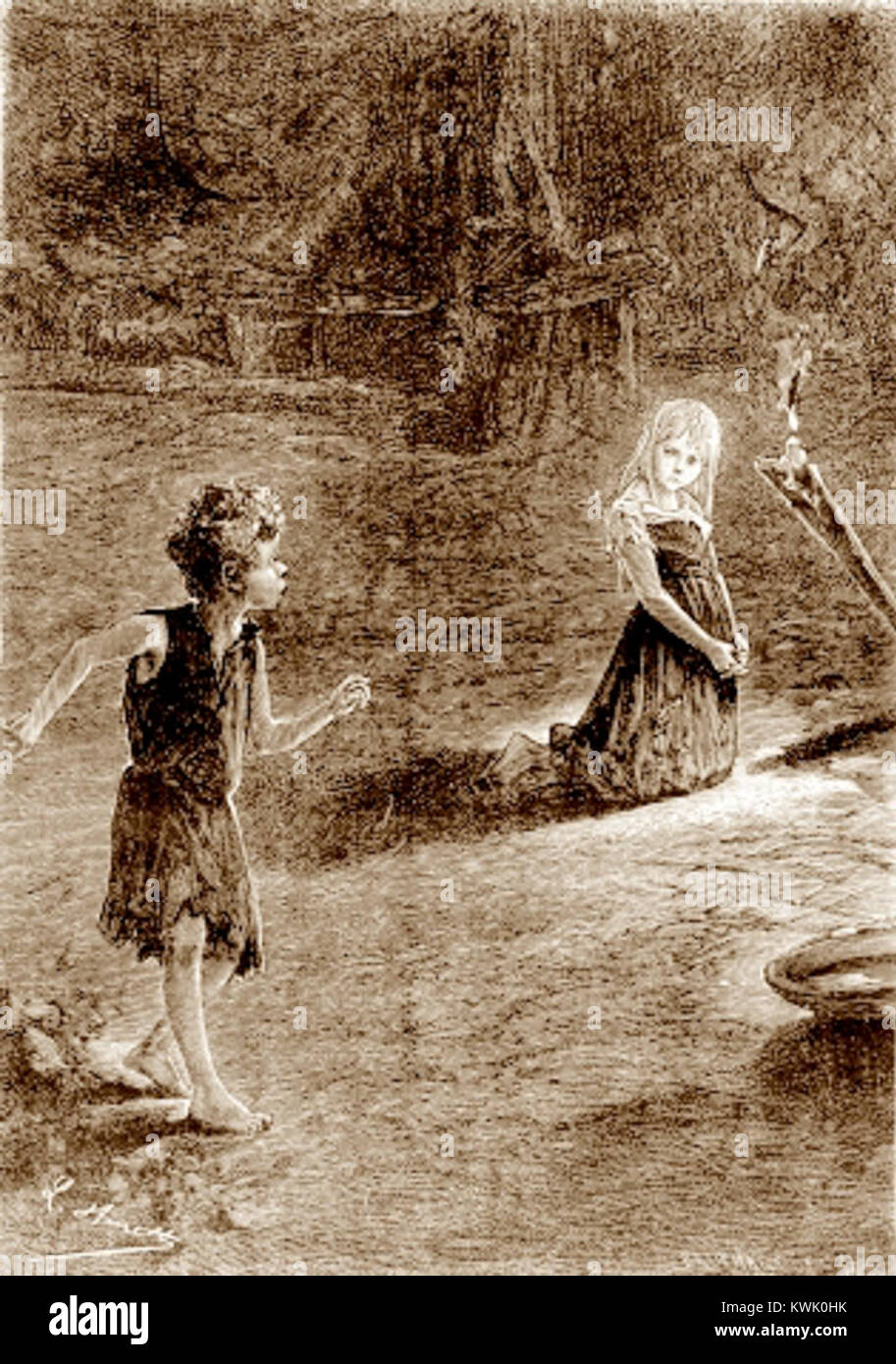 Foundling Mick de Léon Benett est une illustration qui dépeint le voyage d'un enfant abandonné nommé Mick. L’histoire explore les thèmes de l’identité, des défis sociétaux et de l’adversité de l’enfance, reflétant les luttes des orphelins. Banque D'Images