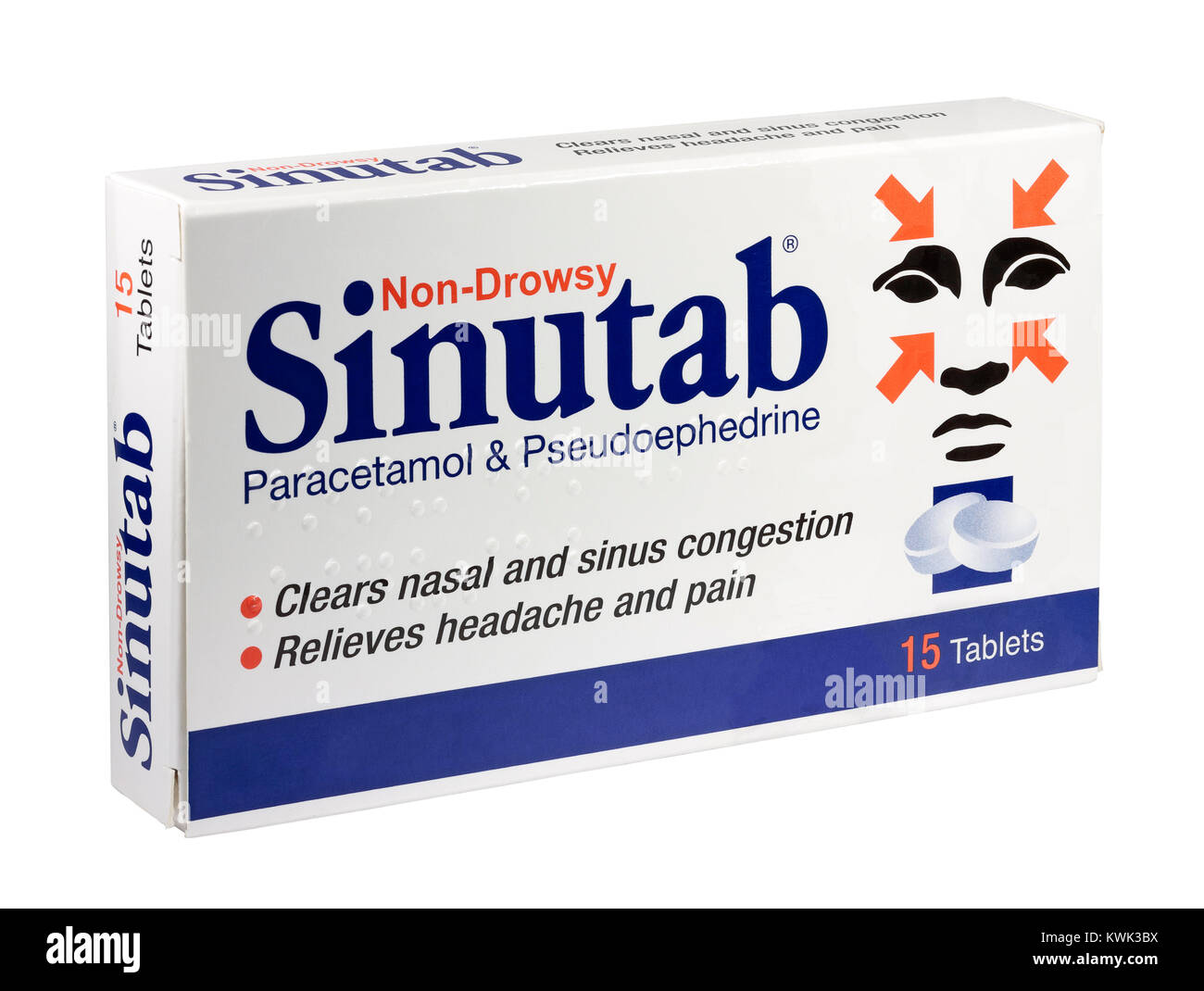 Une boîte de non-somnolent Sinutab cold and relief tablets isolé sur fond blanc Banque D'Images