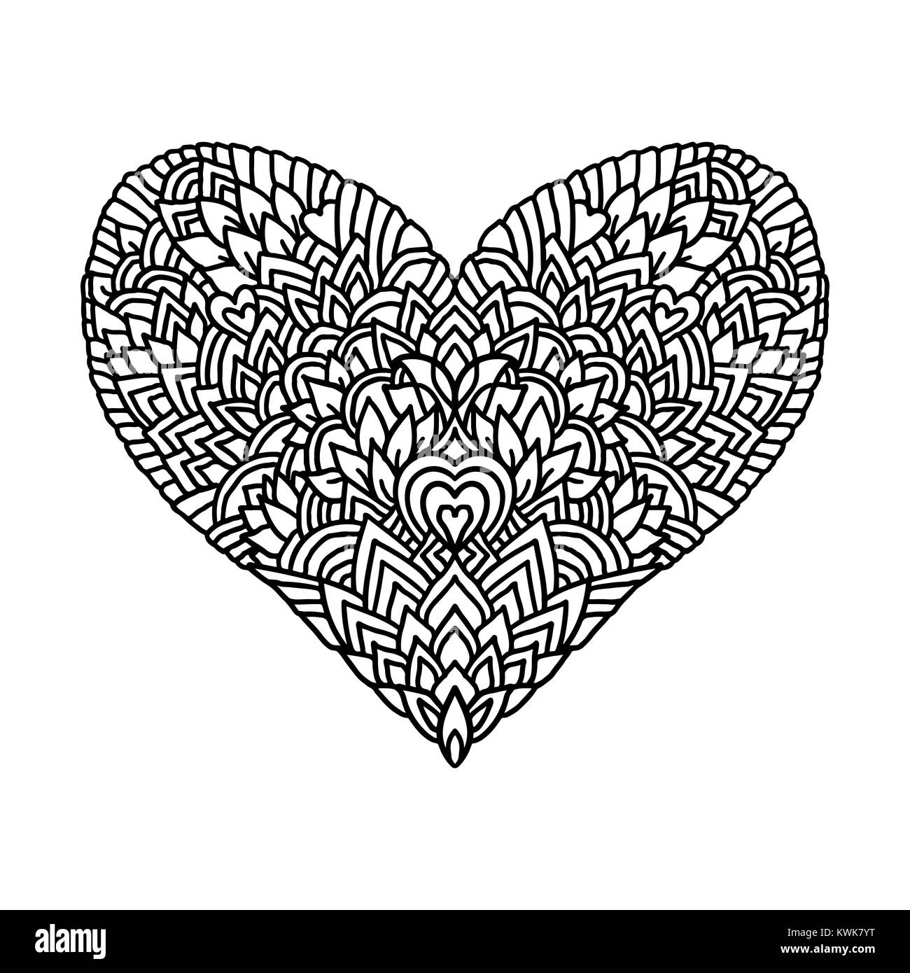 Handdrawn zentangle coeur. Design style Mandala de Saint-Jean La Saint-Valentin cartes. Modèle de livre de coloriage. Vector illustration doodle en noir et blanc. Illustration de Vecteur