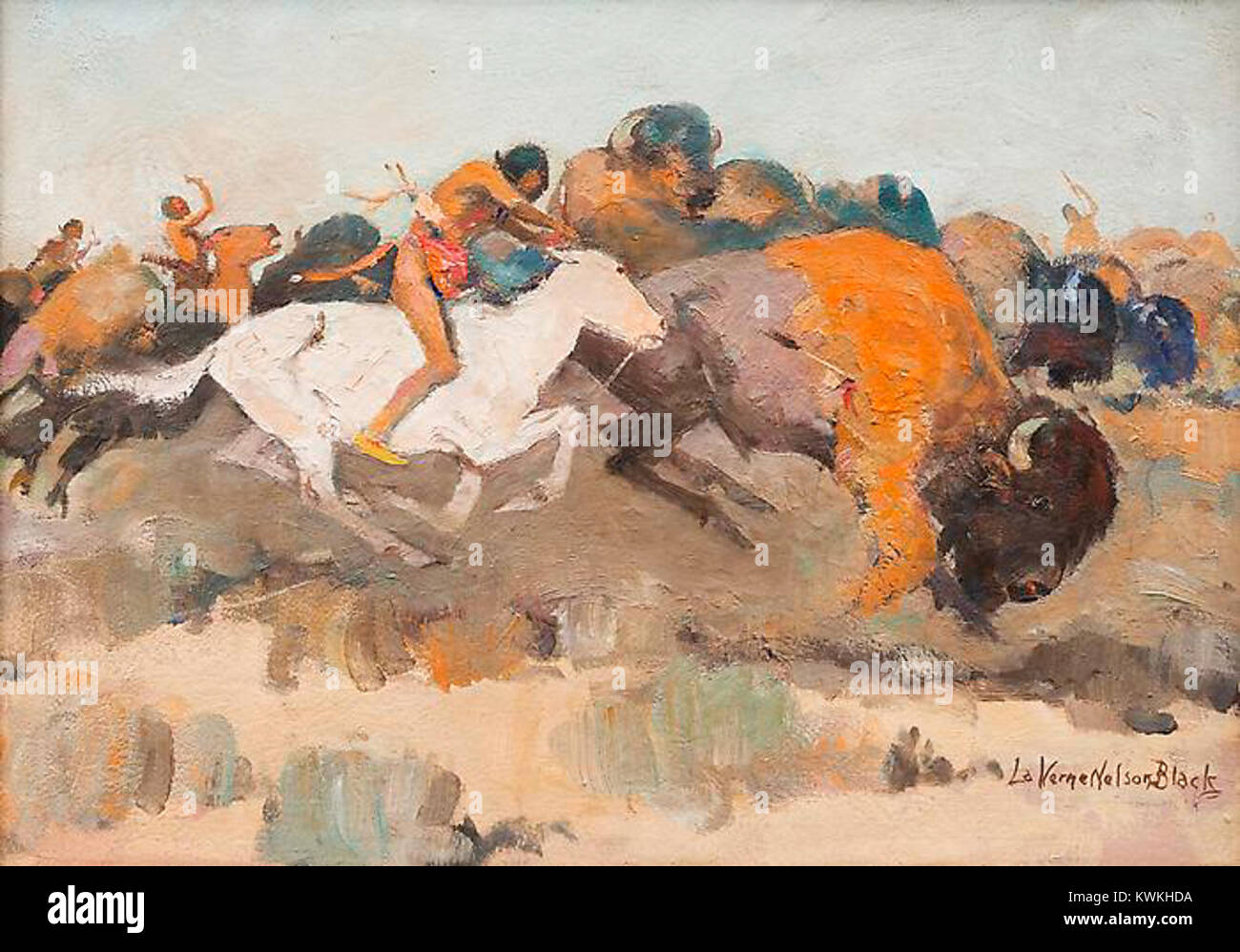 Une peinture à l'huile de Laverne Nelson Black représentant une chasse au bison, montrant des chasseurs amérindiens et le vaste paysage occidental dans un style artistique réaliste. Banque D'Images
