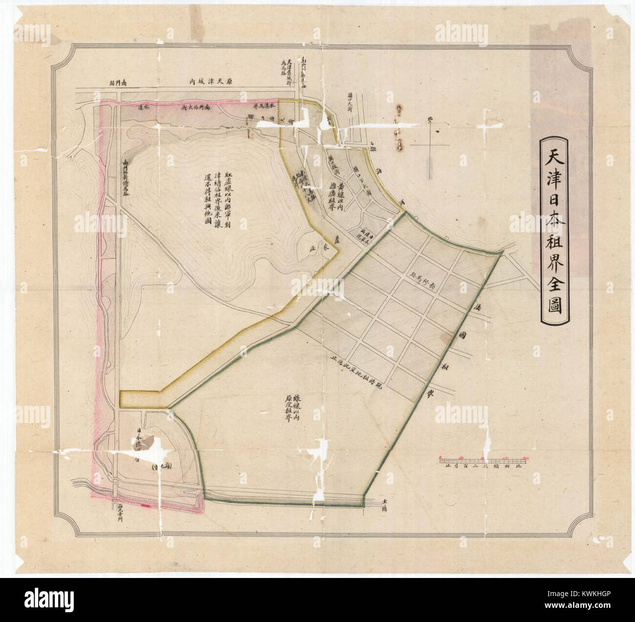 Carte historique montrant la zone de concession japonaise à Tianjin, en Chine, au début du XXe siècle. La carte détaille les rues, les zones administratives et les points de repère importants dans le district contrôlé par des étrangers établi après la rébellion des Boxers. Banque D'Images