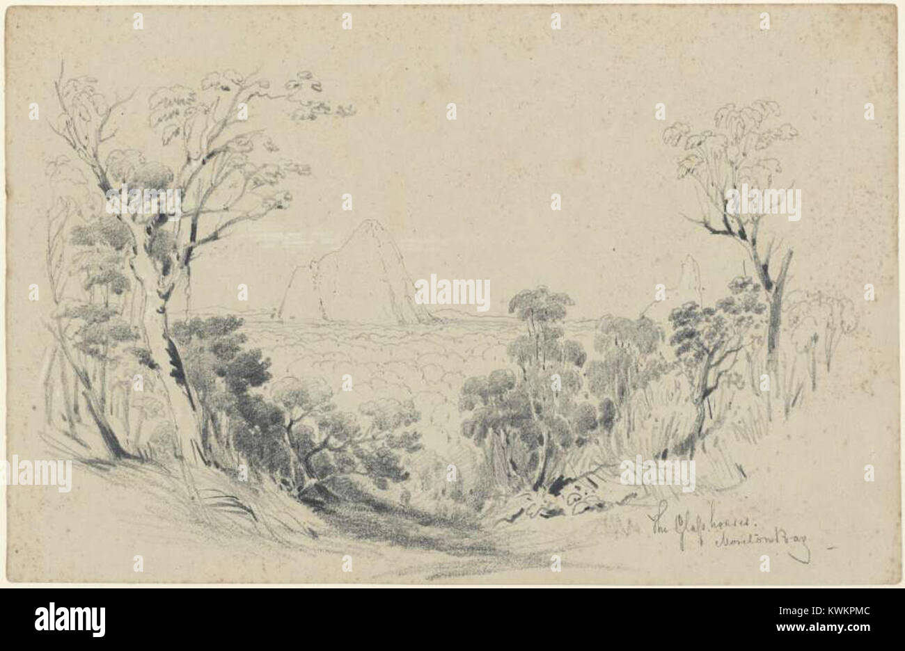 Une peinture de 1850 intitulée « les maisons de verre, Moreton Bay » par Conrad Martens, représentant le paysage naturel et les formations rocheuses près de Moreton Bay, en Australie. Banque D'Images
