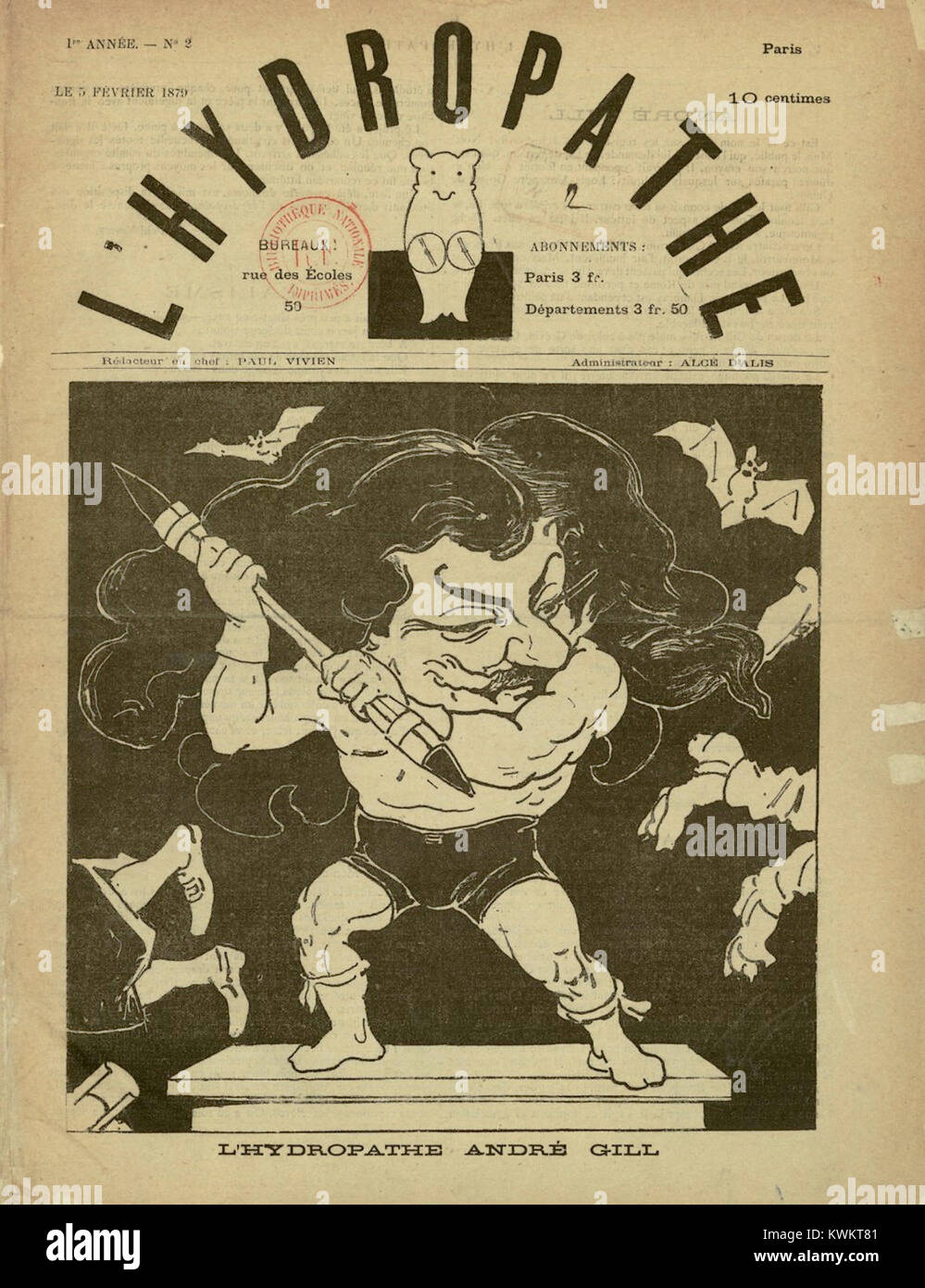 Illustration caricaturale de 1879 par l'artiste français André Gill pour les Hydropathes, un cercle littéraire et artistique parisien connu pour la satire, la poésie et la culture bohème à la fin du XIXe siècle en France. Banque D'Images