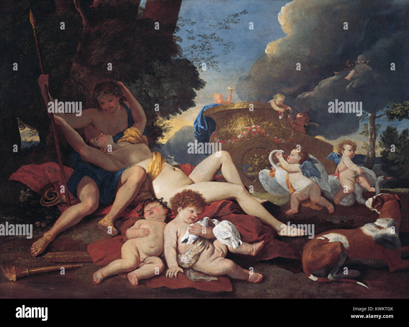 'Vénus et Adonis', une peinture à l'huile sur toile de Nicolas Poussin, créée vers 1628-29, actuellement hébergée au Kimbell Art Museum, dépeint l'histoire d'amour mythologique de Vénus et Adonis. Banque D'Images