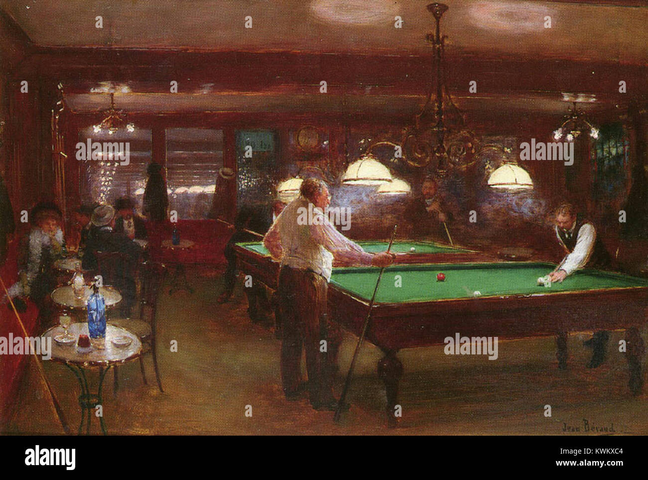 Le tableau de Jean Béraud, « la partie de billard », représente une scène dans une salle de billard française, illustrant le loisir et la culture sociale de la France de la fin du XIXe siècle. Banque D'Images