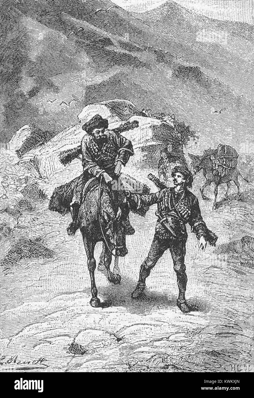 Un dessin de Léon Benett intitulé « Këraban the inflexible », mettant en scène une scène dramatique du roman d'aventure. L’œuvre capture l’essence du caractère inflexible de Këraban. Banque D'Images