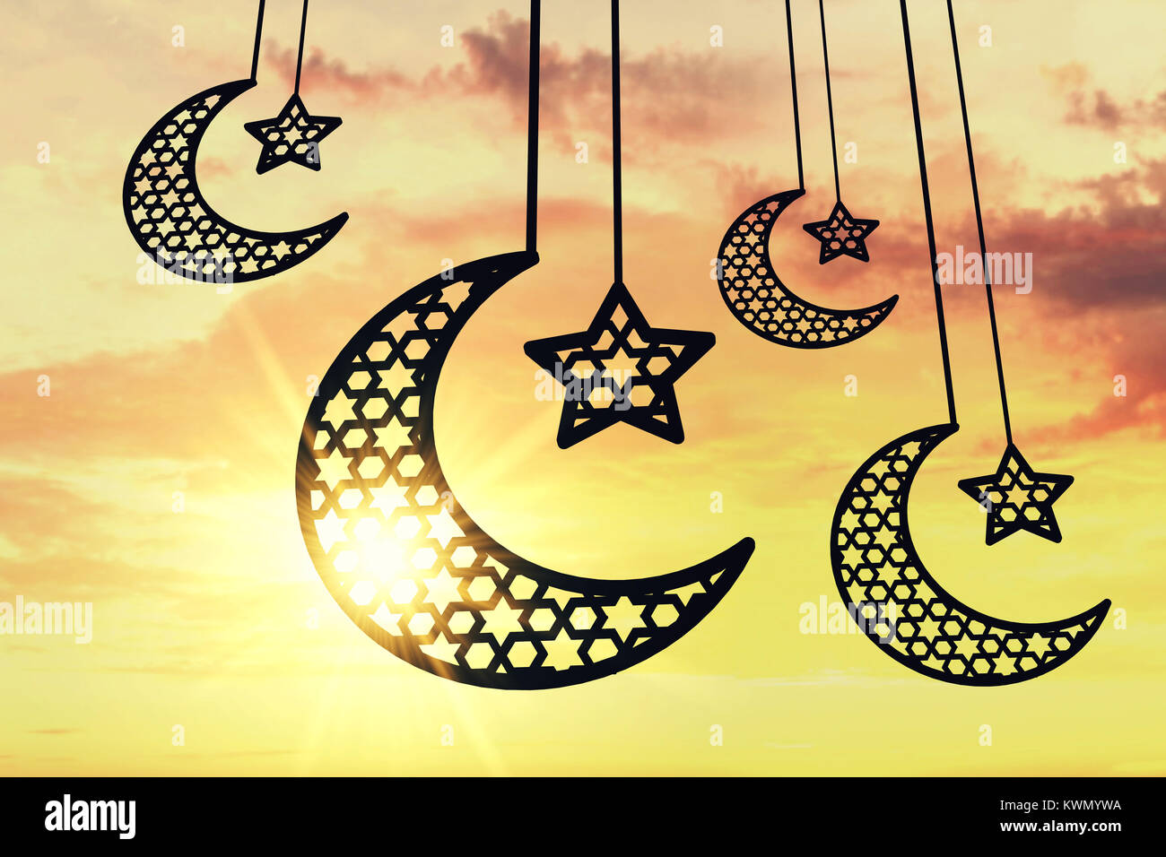 Ramadan Kareem lune et étoiles contre coucher/lever de fond. Le Rendu 3D Banque D'Images